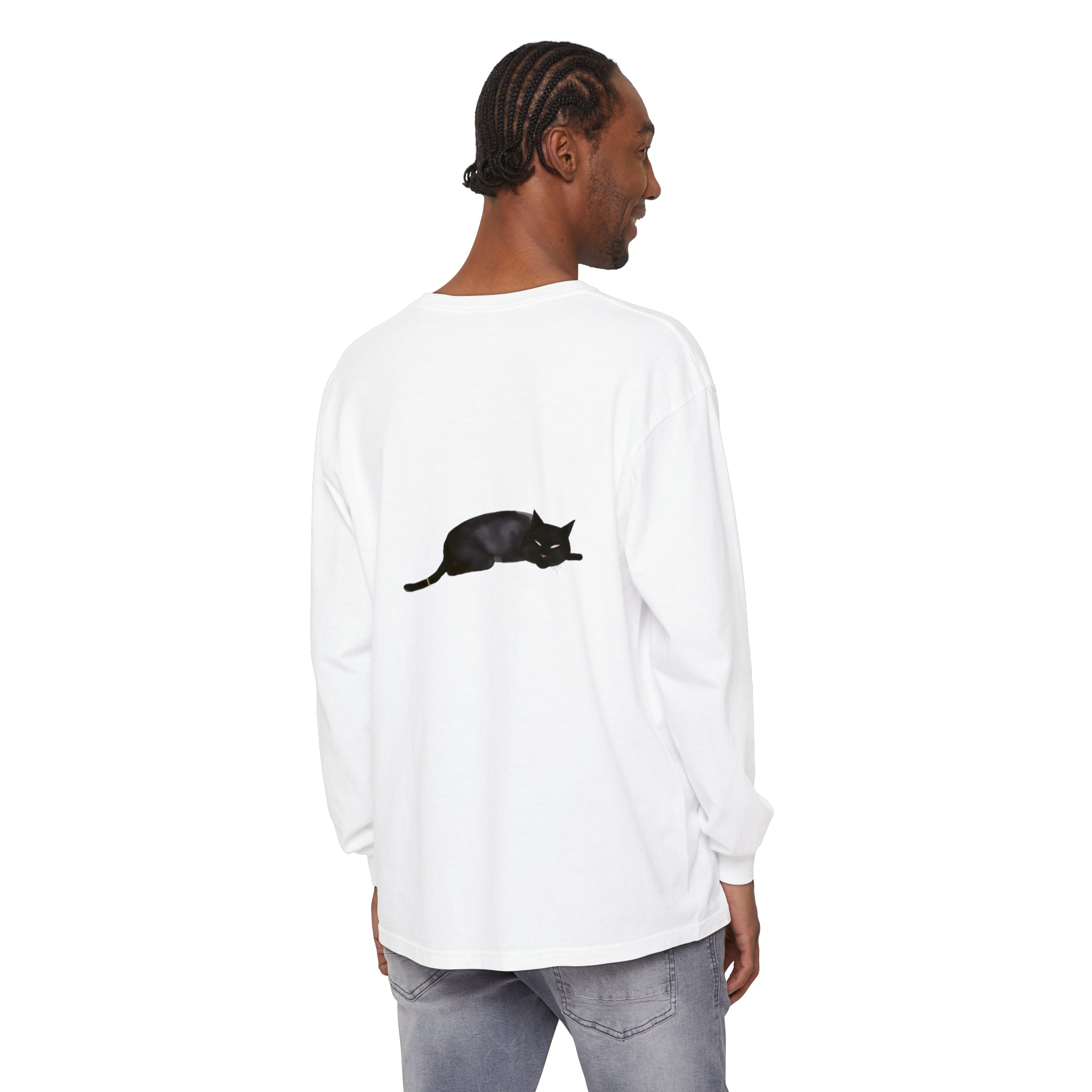 A black cat sleeping peacefully on a unisex long sleeve t-shirt