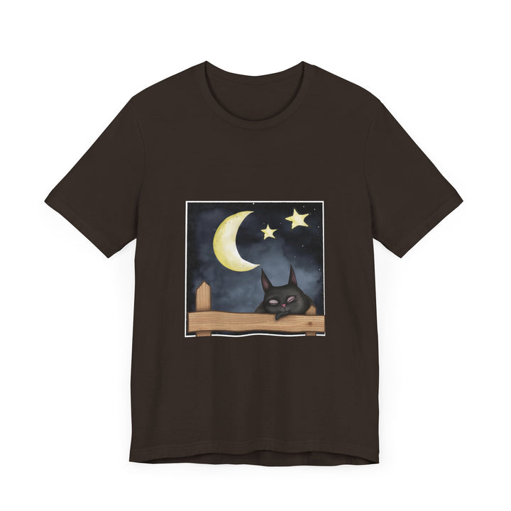 A black t-shirt featuring a sleeping cat under a moonlit night