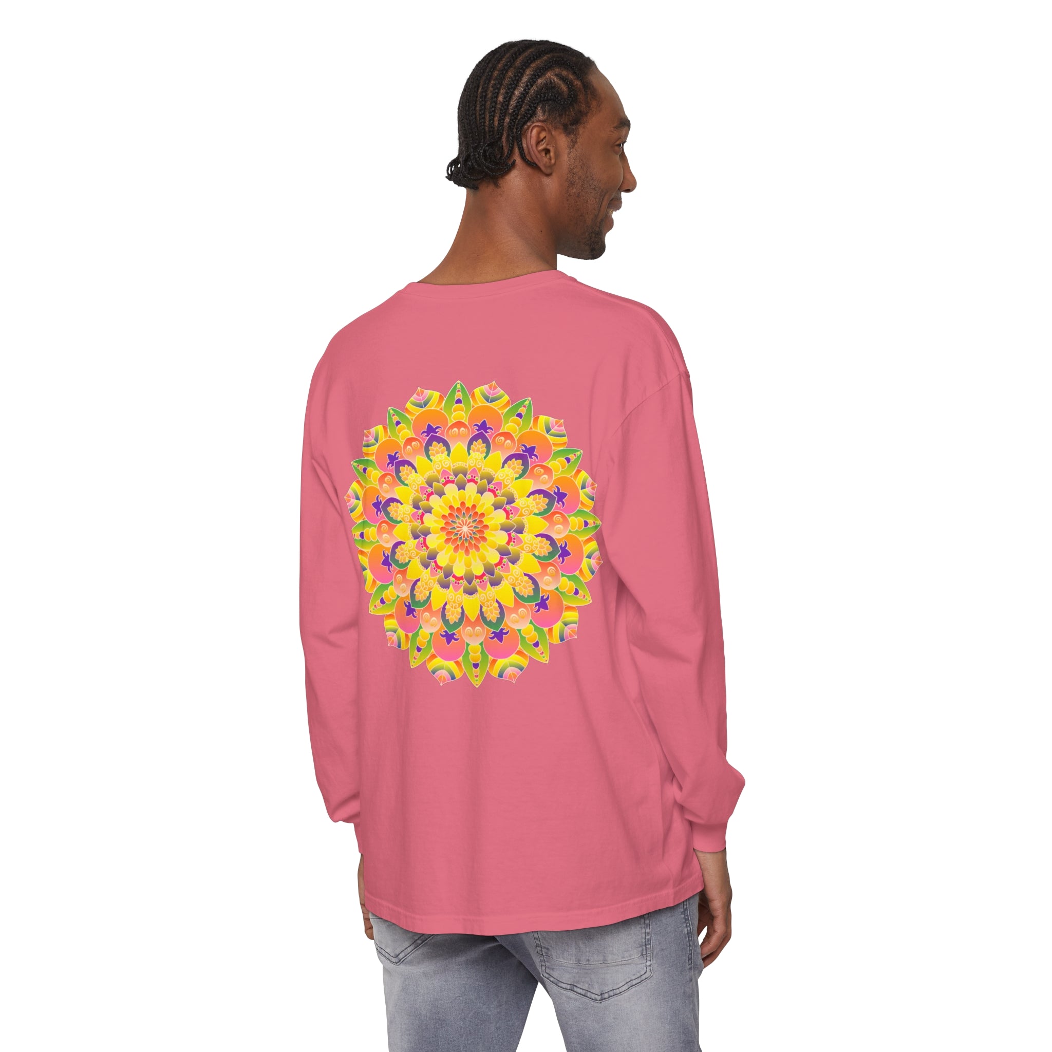 Colorful and intricate mandala design on unisex long sleeve t-shirt