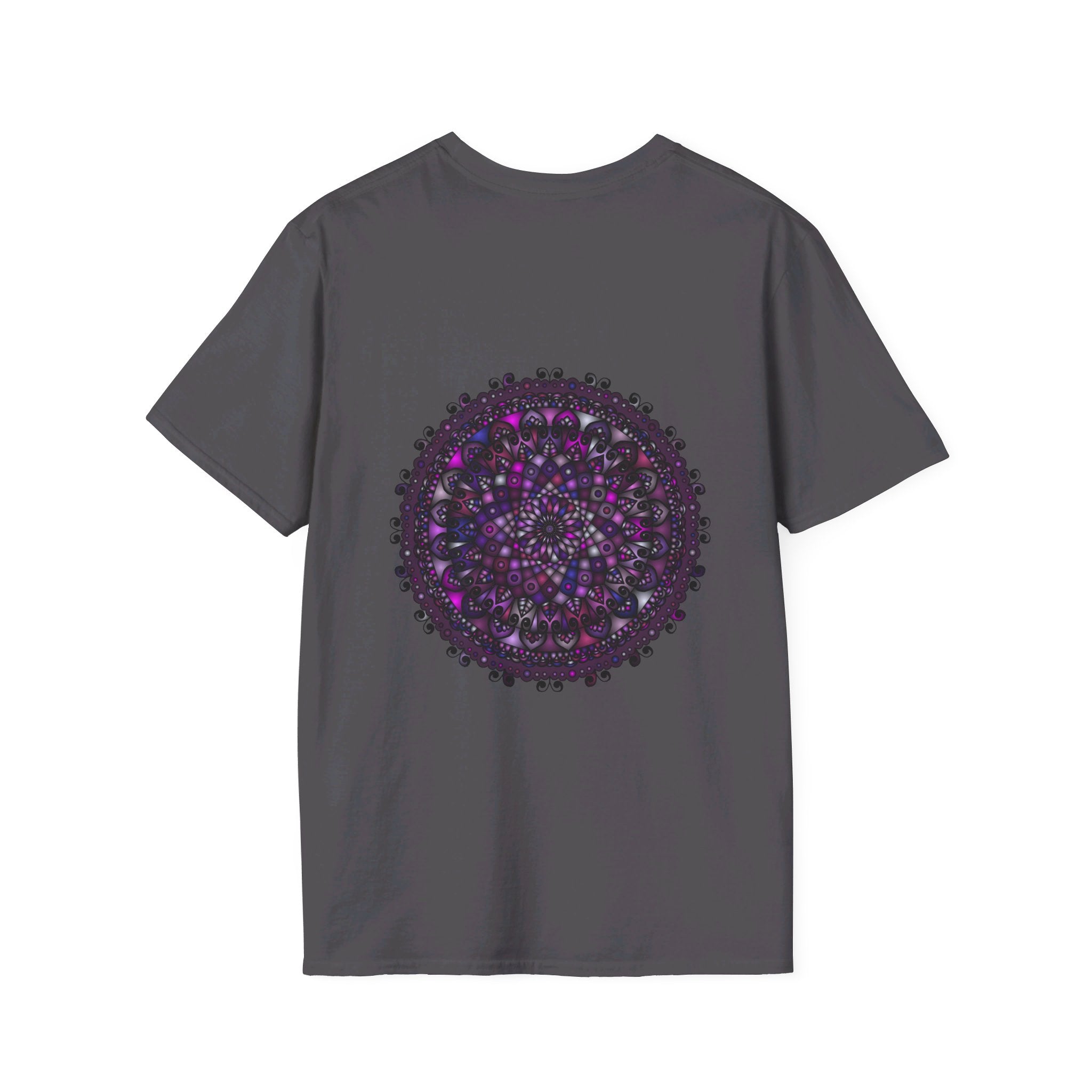 Purple Mandala Art Unisex Softstyle T-Shirt - Hand-Drawn Design on a white background with intricate floral patterns and vibrant colors