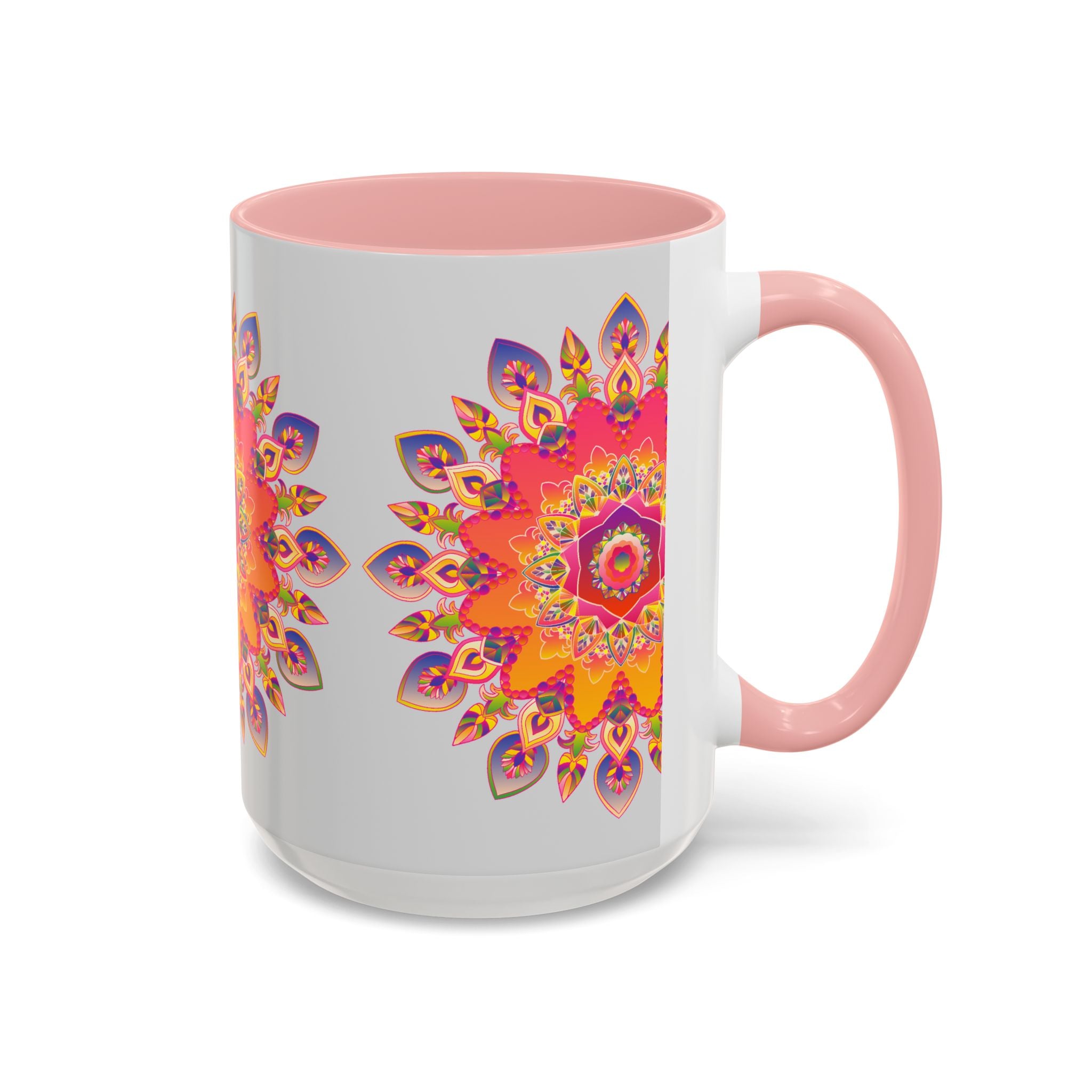 Mandala Art Mug with a Grey Background, Decorated with Vibrant and Intricate Colors and Patterns