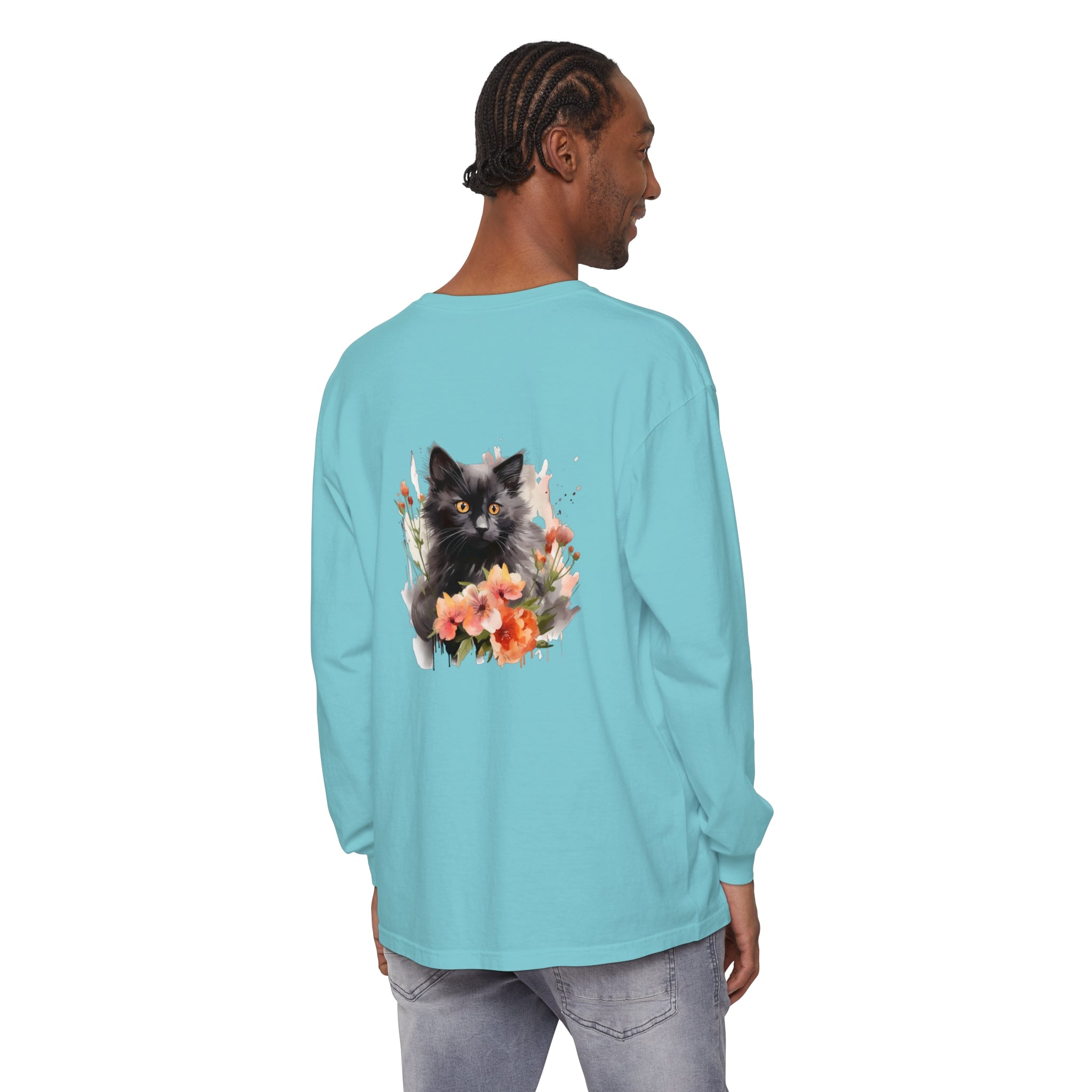 Black Cat & Flowers Watercolor T-Shirt featuring a beautiful hand-painted design