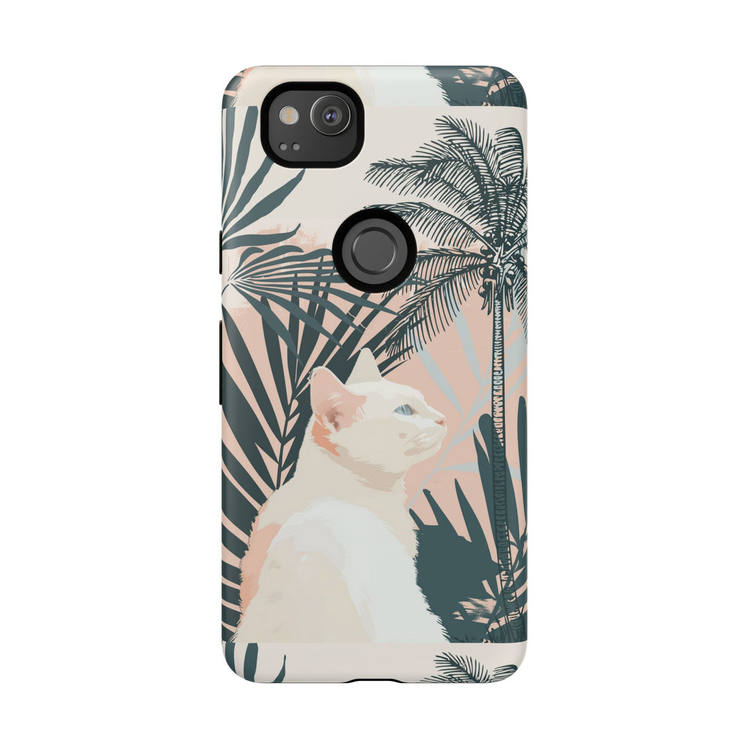 Tropische Katzen-Telefonhülle mit üppigen Palmenmotiven und sanften Pastelltönen