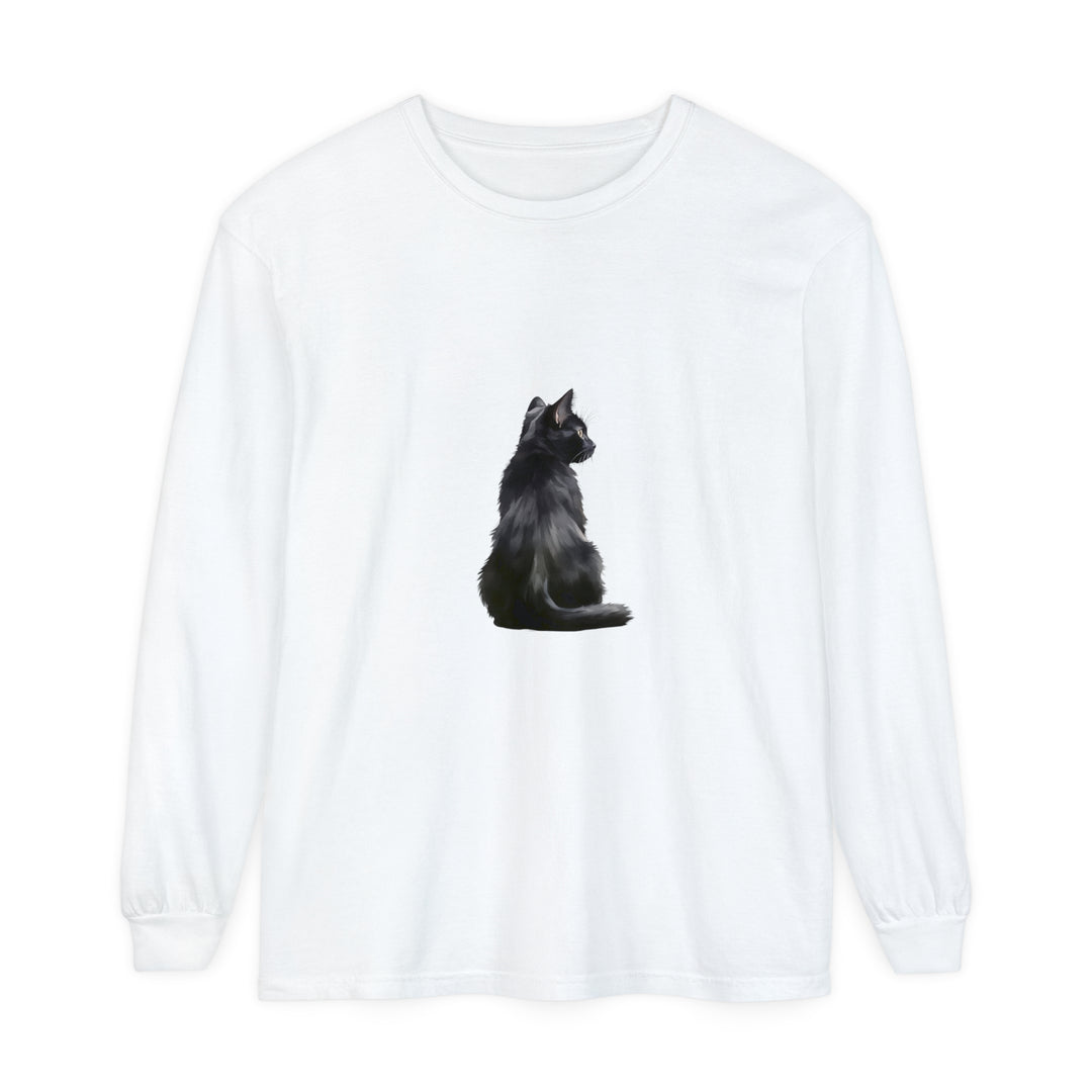 Black Cat Mystique Long Sleeve T-Shirt - a stylish and comfortable black shirt featuring a mystical cat design