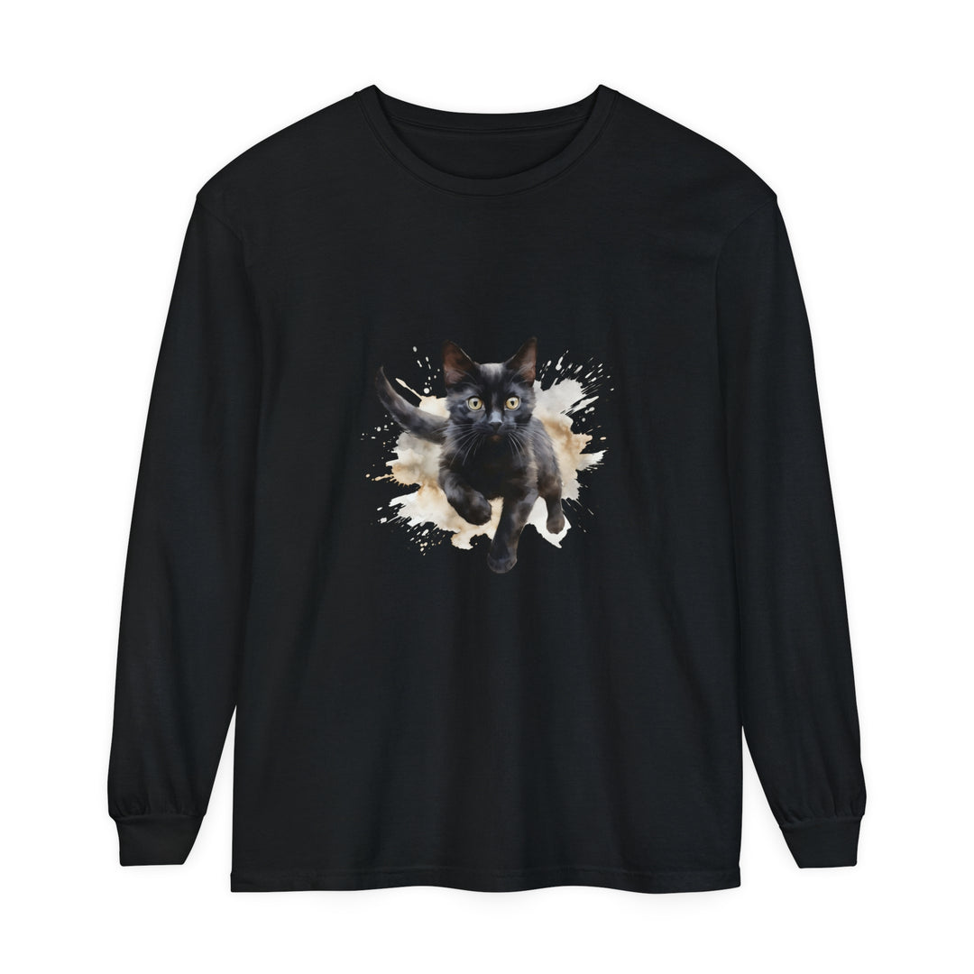 A vibrant and artistic Black Cat Watercolor Splash T-Shirt design