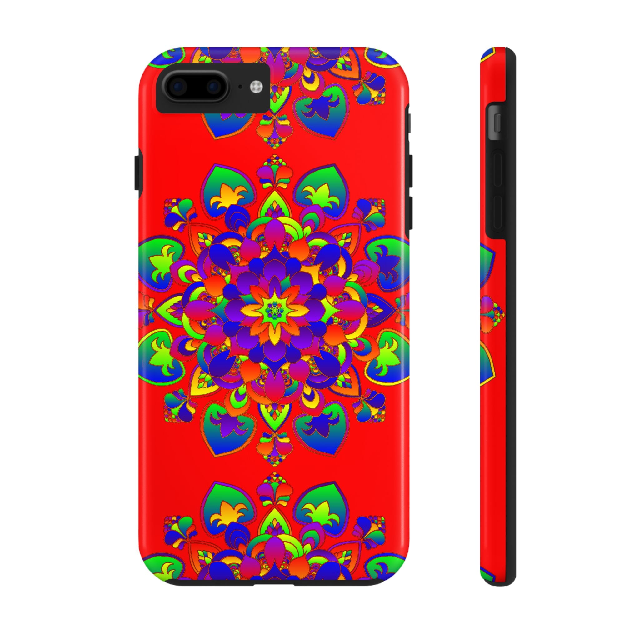 Hand drawn mandala art red phone case with intricate floral design