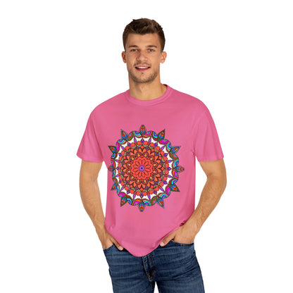 Unisex Mandala T-Shirt featuring intricate hand-drawn mandala art, made from soft and breathable 100% ring-spun cotton material, and garment-dyed for extra comfort and style