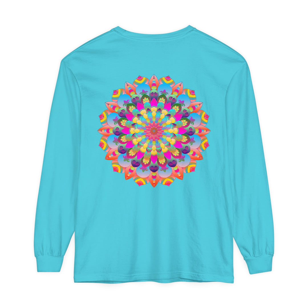 Colorful mandala long sleeve t-shirt in vibrant rainbow colors and intricate design