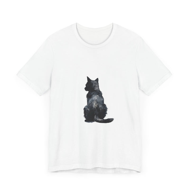 A close-up image of a black cat watercolor t-shirt with a mystical design featuring a cat silhouette and swirling colors