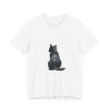 A close-up image of a black cat watercolor t-shirt with a mystical design featuring a cat silhouette and swirling colors