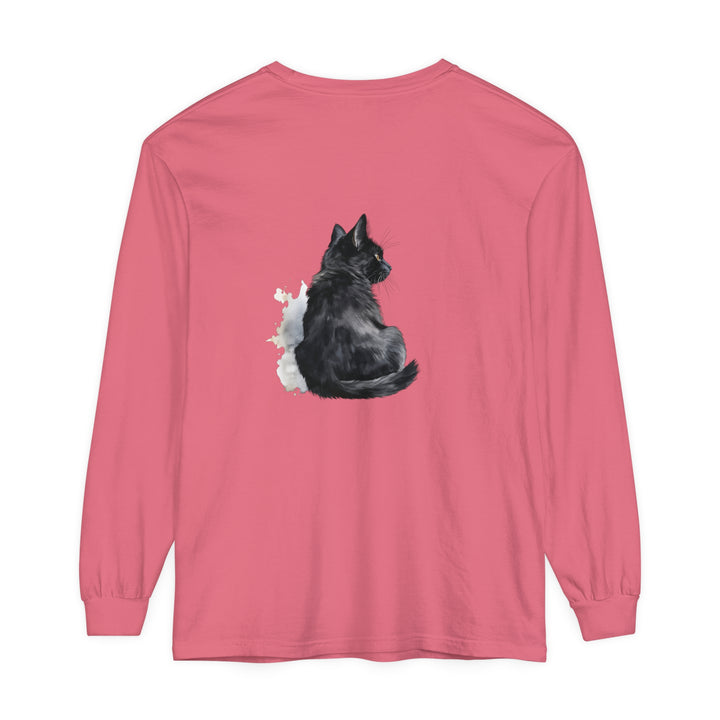 Black Cat Watercolor Unisex Long Sleeve T-Shirt featuring a vibrant, hand-painted design