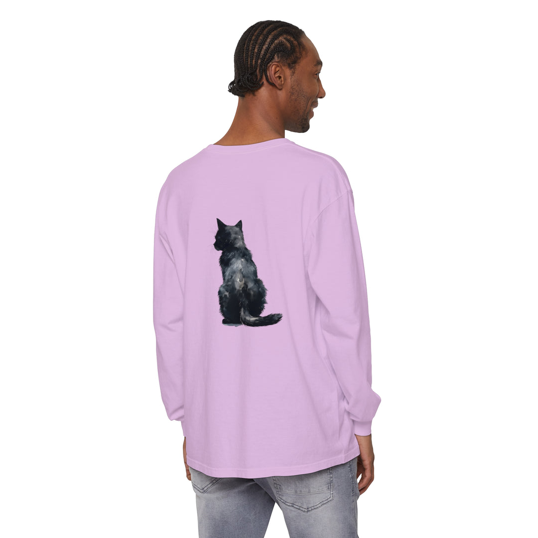 Black cat watercolor long sleeve t-shirt with vibrant, detailed feline design