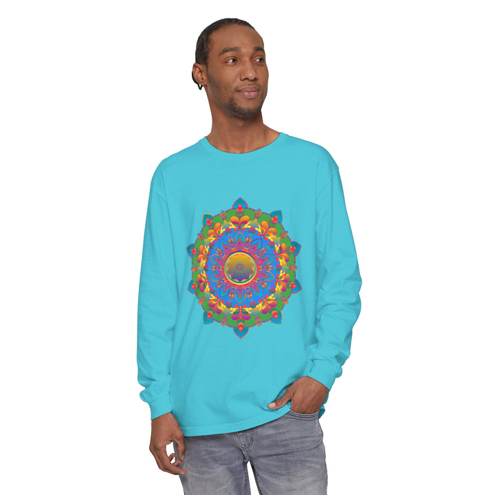 alt=Colorful and detailed mandala design on a long sleeve t-shirt