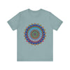 Vibrant Mandala Tee showcasing a colorful and intricate design with various patterns and shades, perfect for adding a pop of creativity to your wardrobe