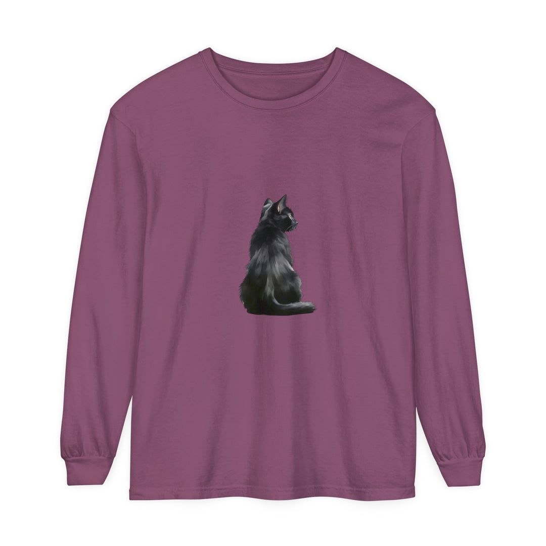 A stylish black long sleeve t-shirt featuring a mysterious black cat design