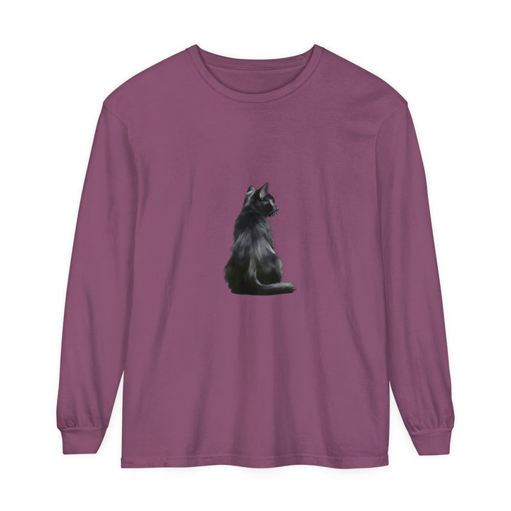 A stylish black long sleeve t-shirt featuring a mysterious black cat design