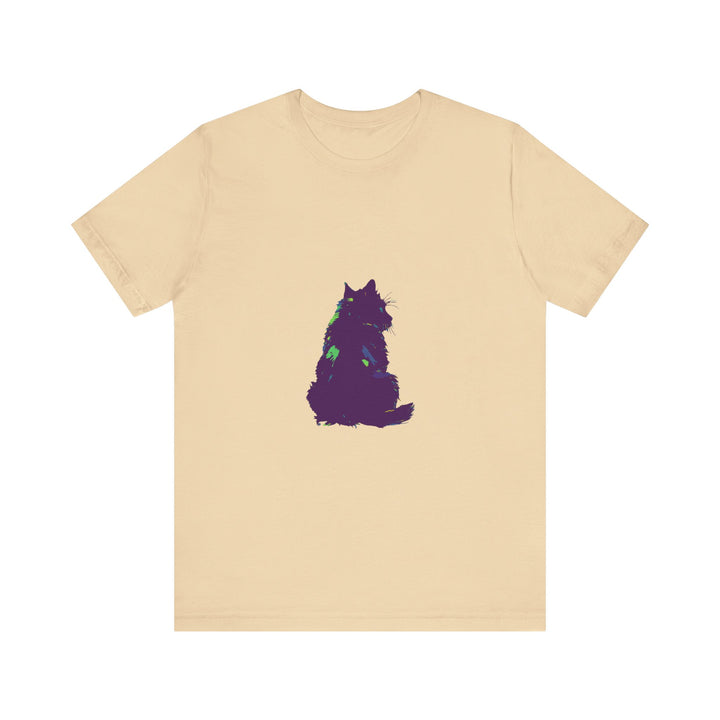 A black cat with vibrant, colorful silhouette on a t-shirt