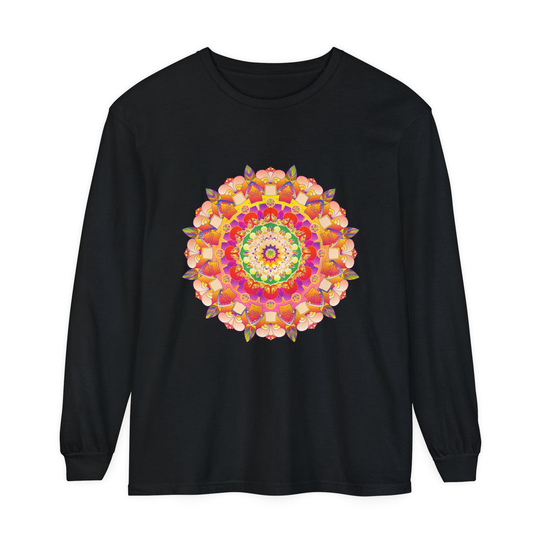 Colorful and intricate mandala design on a unisex long sleeve t-shirt