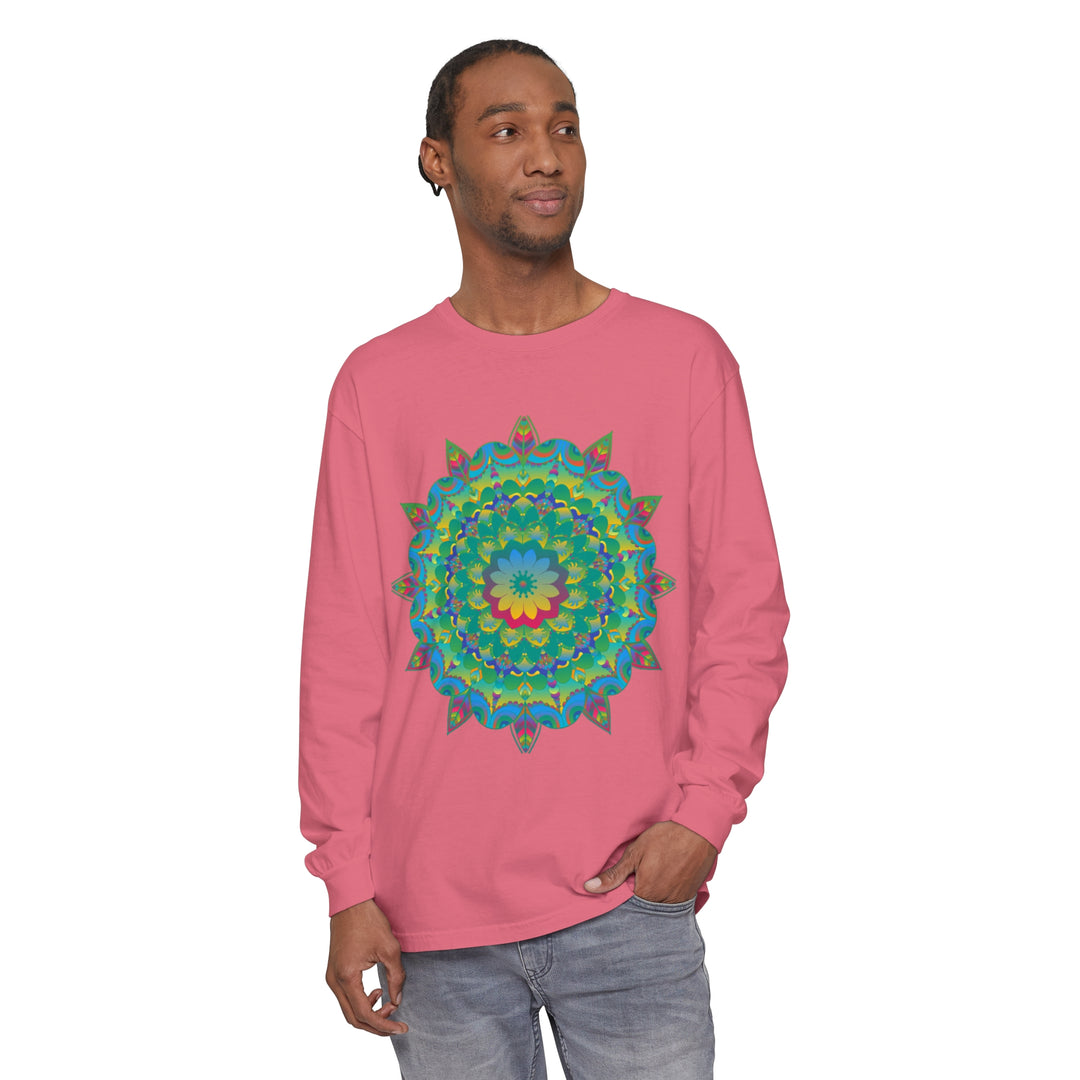 Colorful psychedelic mandala long sleeve t-shirt with intricate design and vibrant colors