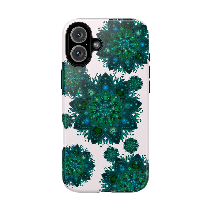 Beautiful light pink and green mandala phone case with peaceful and intricate design