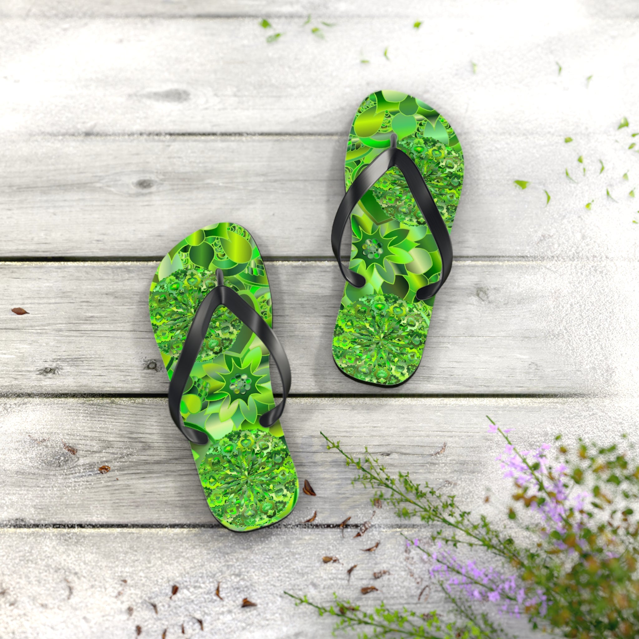 Green Kaleidoscope Flip Flops – Tropical Floral Beach Sandals