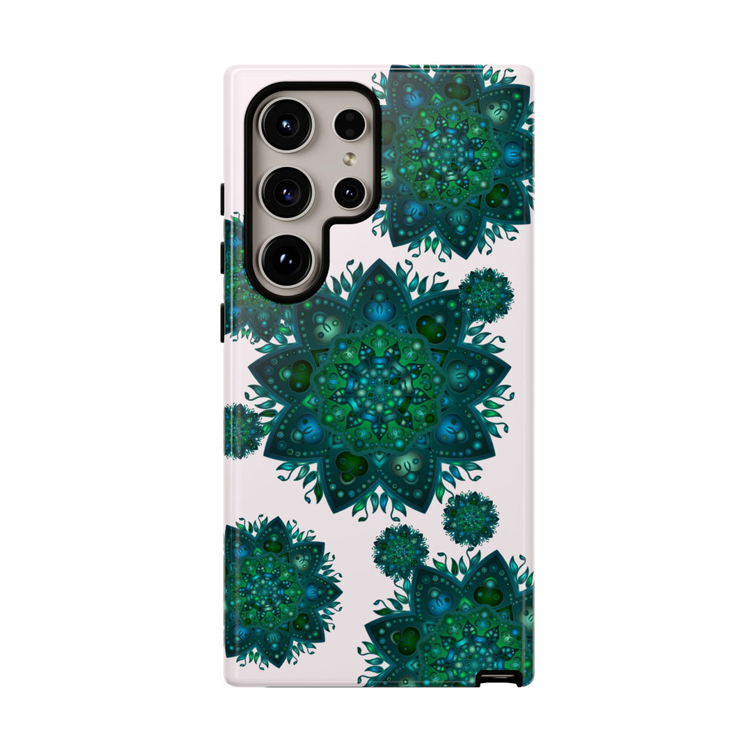 Beautiful light pink and green mandala phone case, featuring a peaceful and intricate design