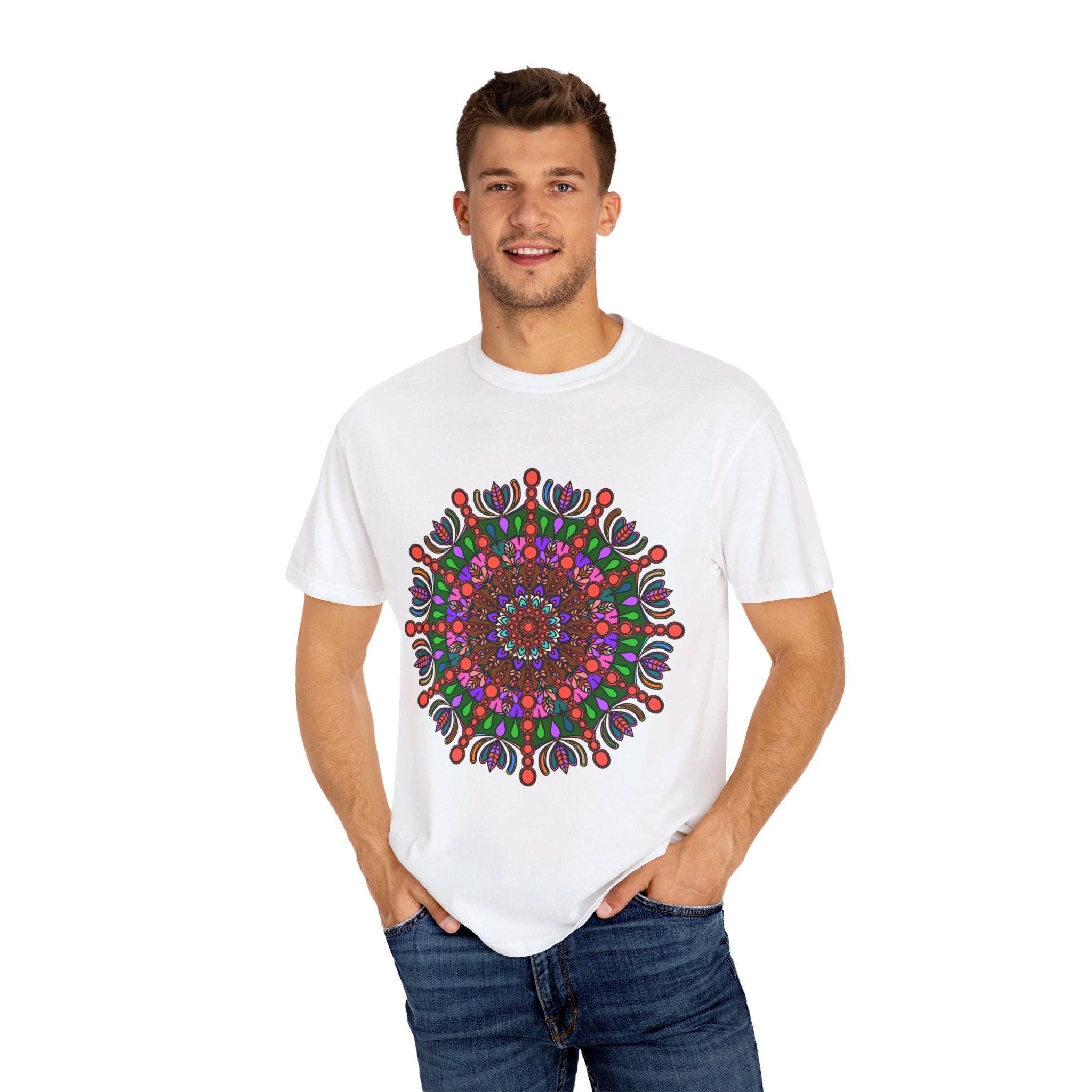 Unisex Mandala T-Shirt with Hand-Drawn Mandala Art made from 100% Ring-Spun Cotton and Garment-Dyed for Extra Comfort