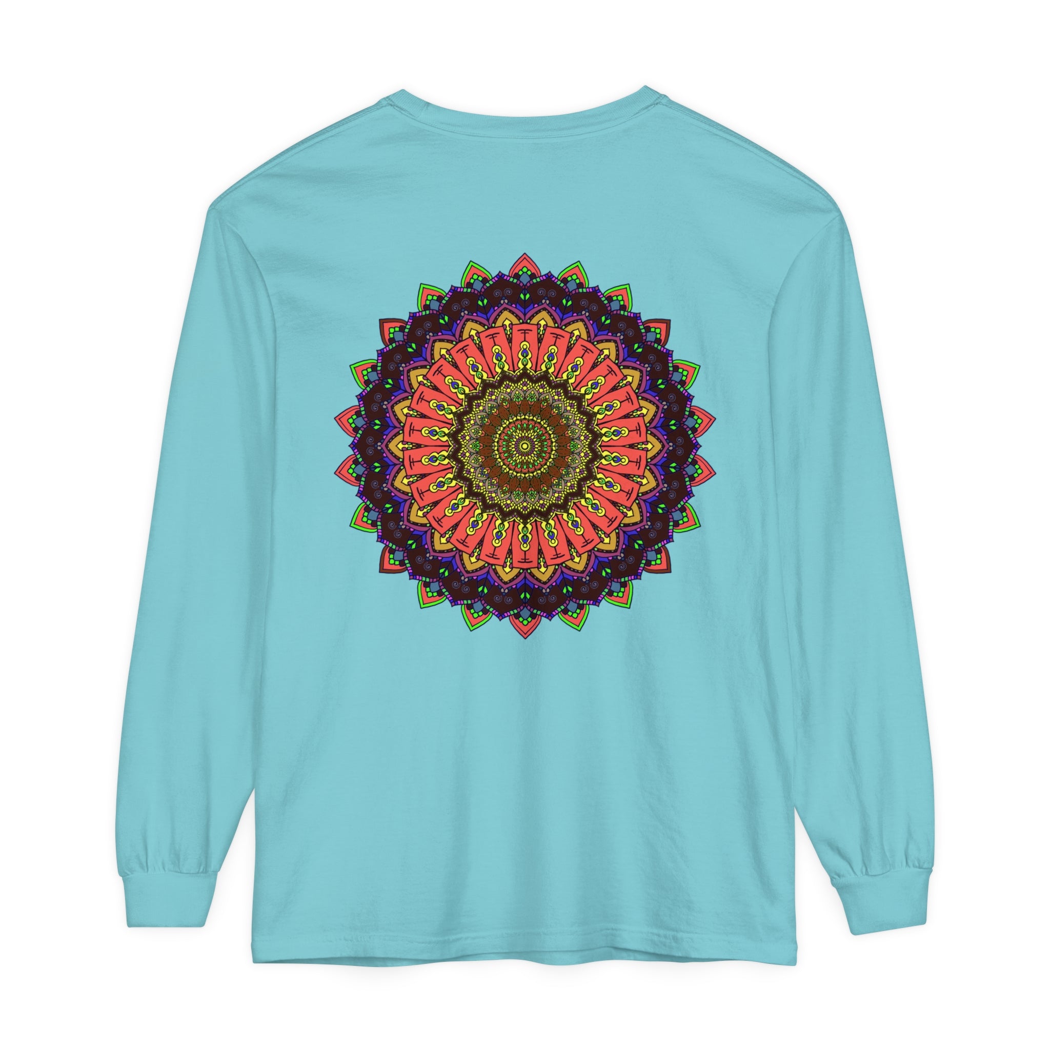 Colorful, detailed mandala design long sleeve t-shirt, perfect for casual wear