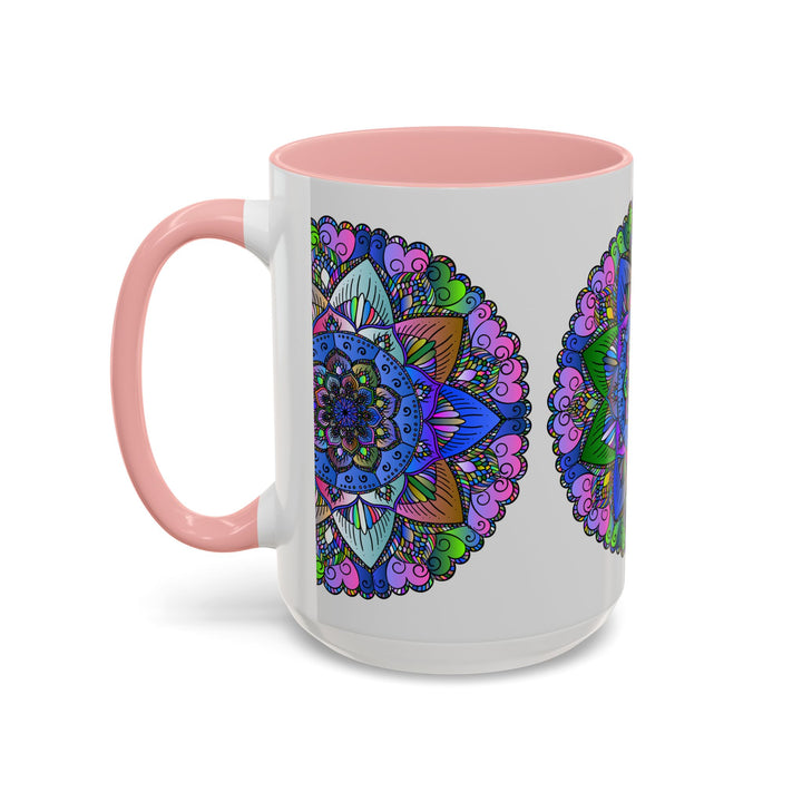 A close-up image of a vibrant and intricate mandala mug, featuring colorful and peaceful art design inspired by traditional Indian motifs