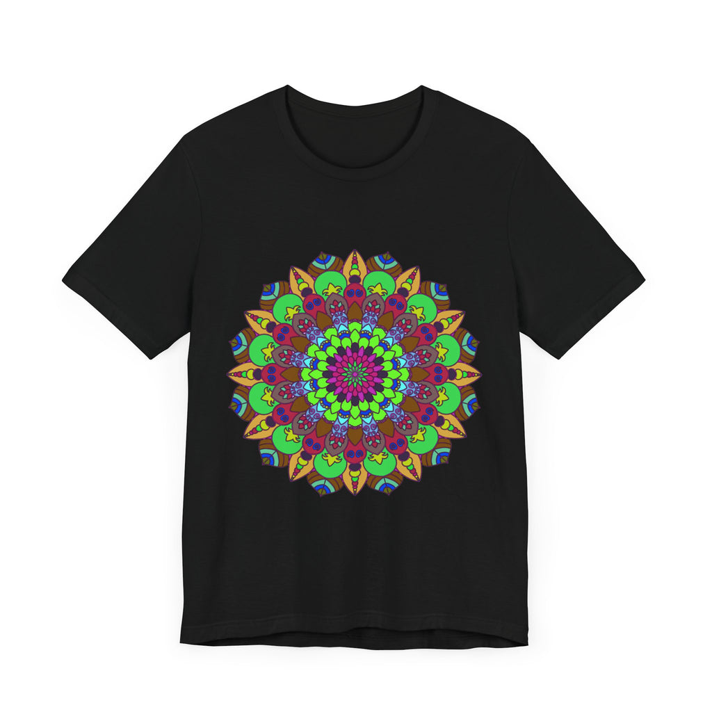 Vibrant and colorful mandala tee featuring cosmic and interconnected design