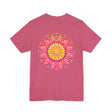 Beautiful pink and yellow mandala t-shirt with intricate design representing peace and harmony, perfect for a vibrant and stylish look