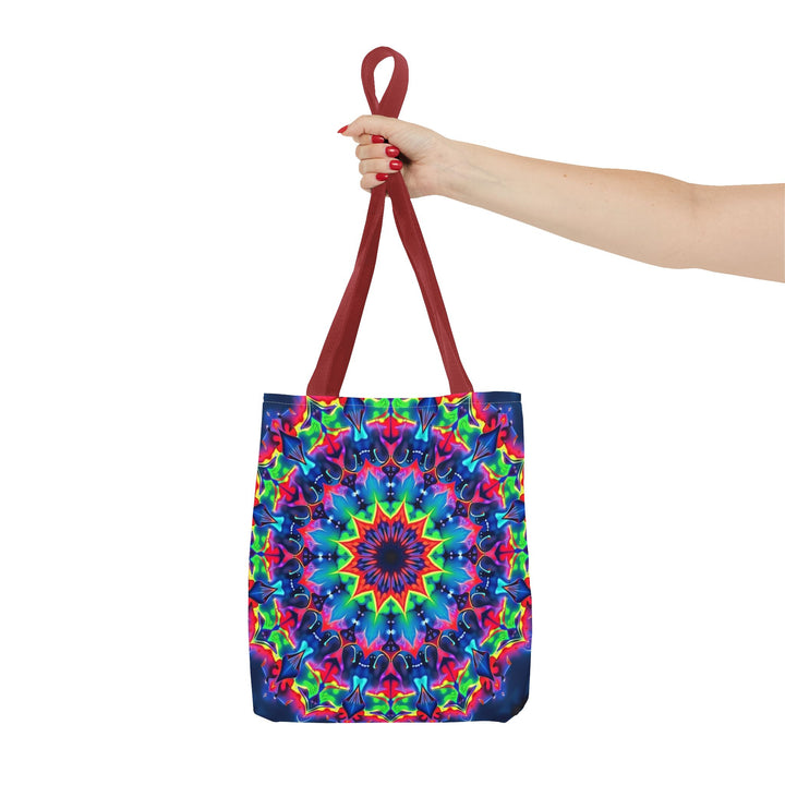 Vibrant and colorful psychedelic mandala tote bag with intricate flower and geometric patterns, perfect for carrying books, groceries, and other essentials in style