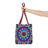 Vibrant and colorful psychedelic mandala tote bag with intricate flower and geometric patterns, perfect for carrying books, groceries, and other essentials in style