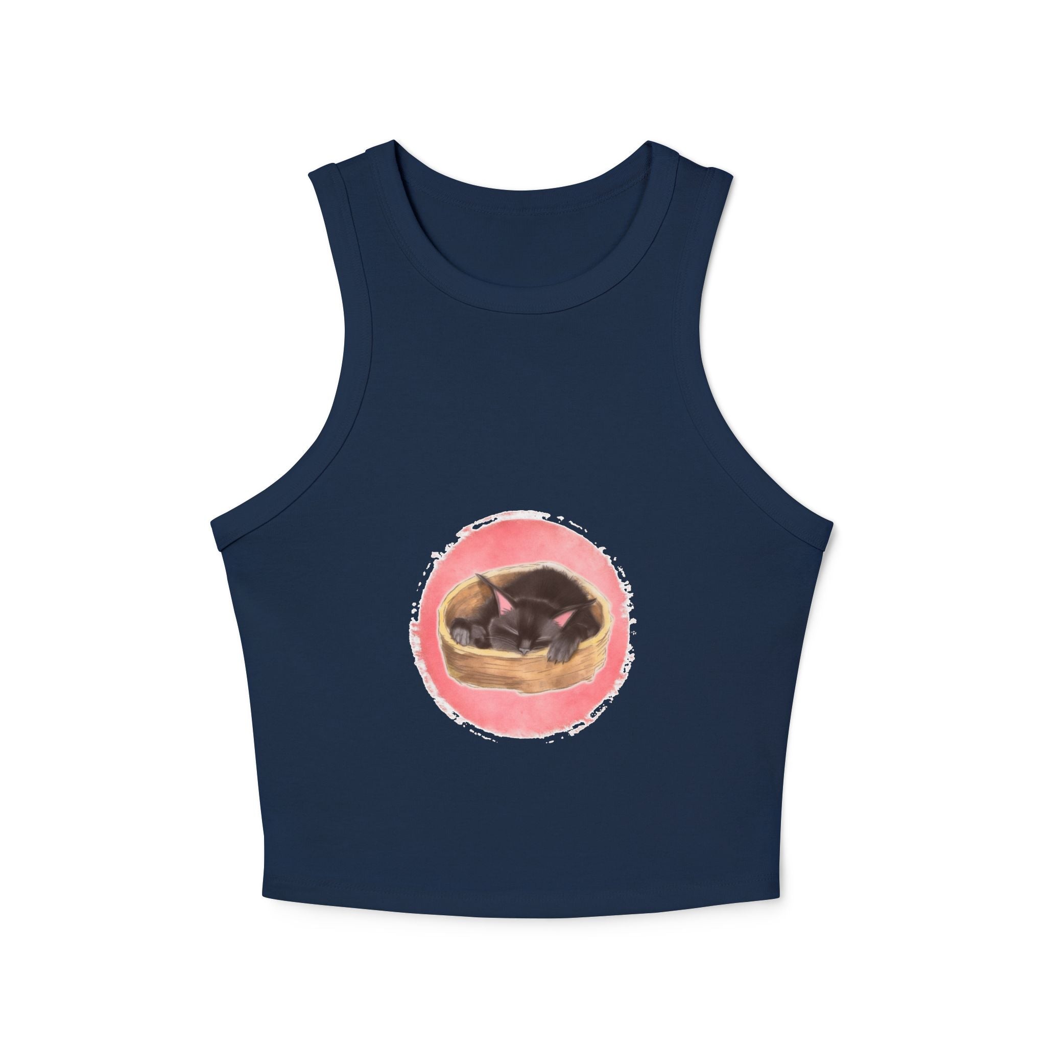 A comfortable and stylish black tank top featuring a sleeping cat design