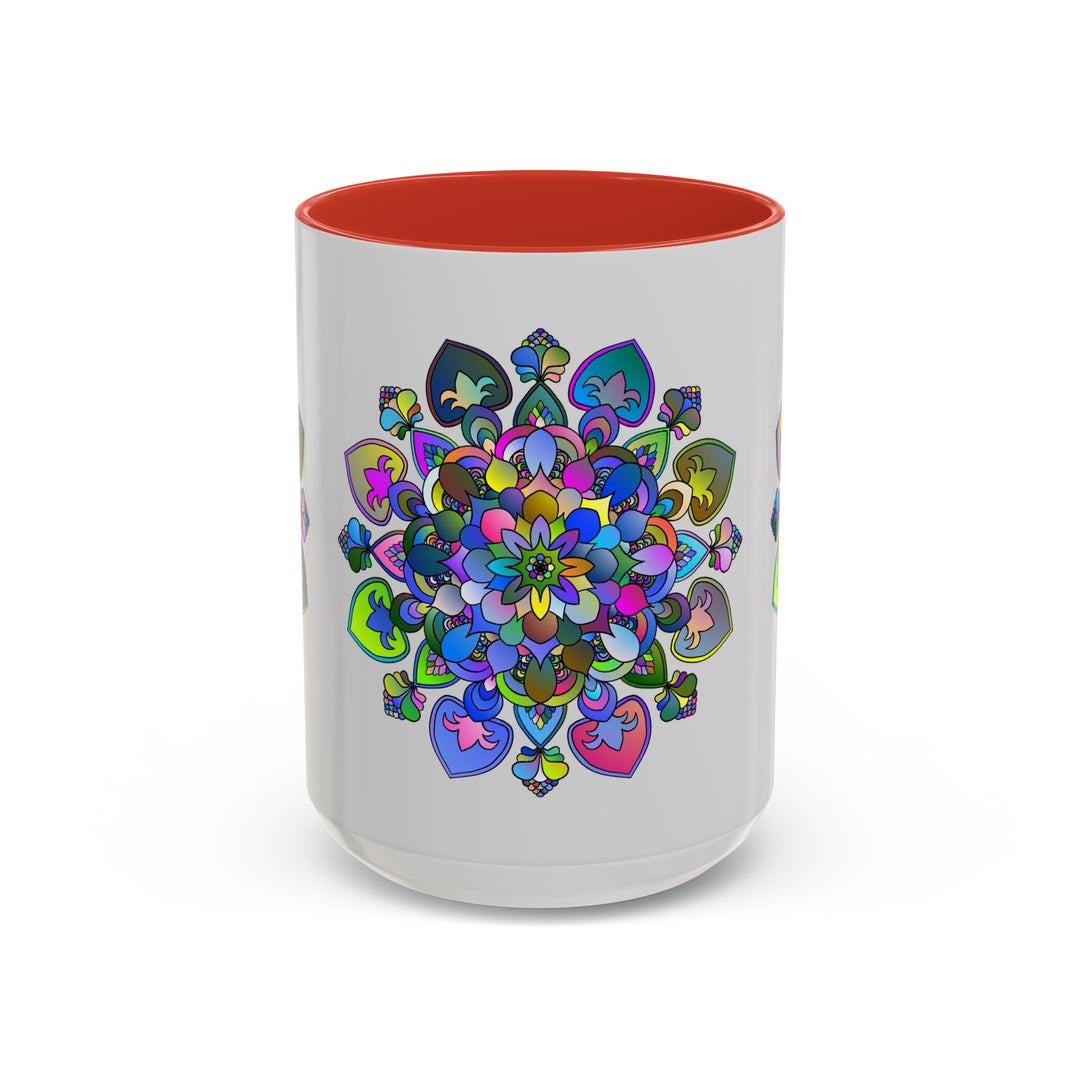 Colorful mandala mug with floral art on grey background