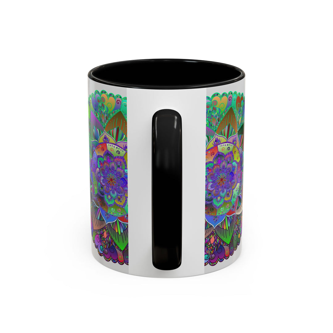 A beautifully handcrafted ceramic mug featuring a vibrant, intricate mandala design in a variety of striking colors