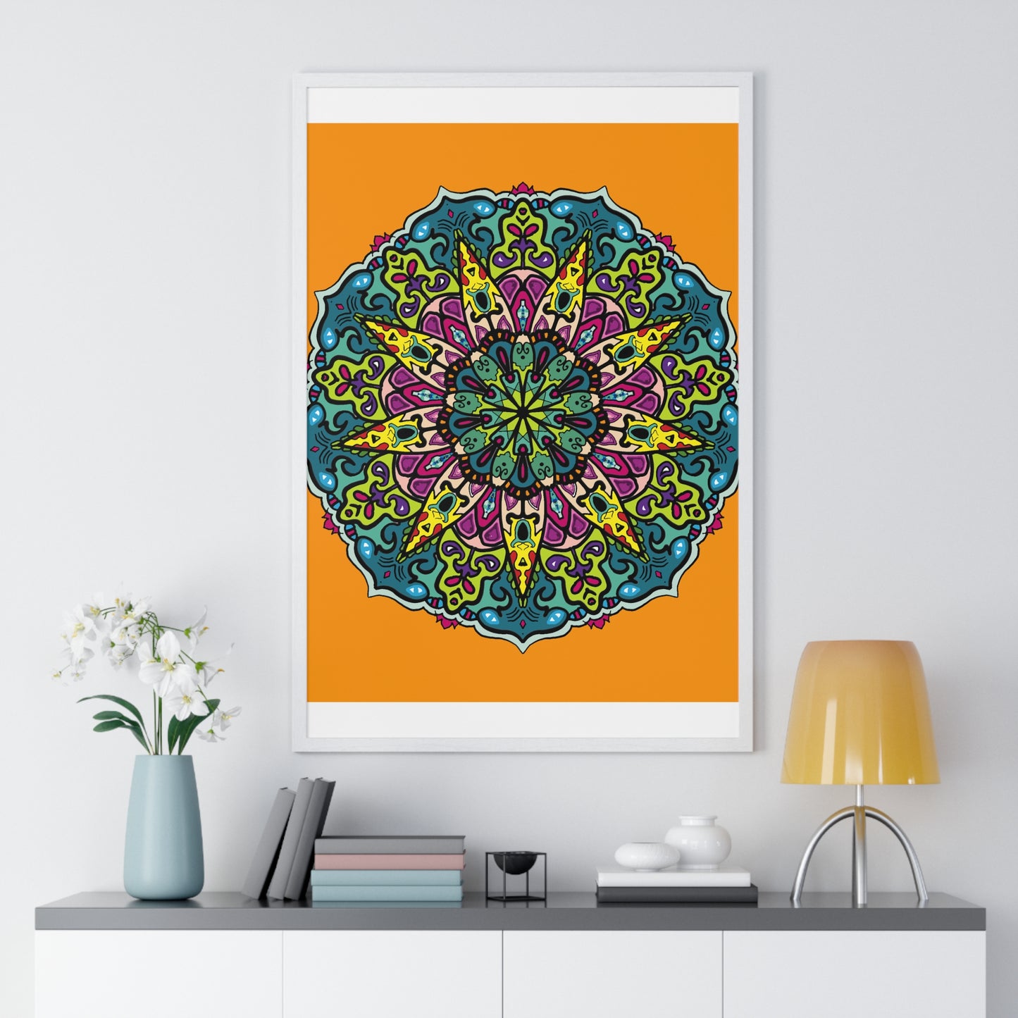 Beautiful hand-drawn orange mandala art poster in vertical frame, perfect for mindfulness and yoga decor