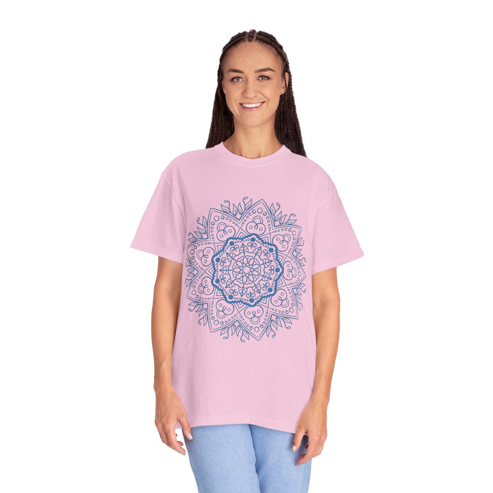 Handmade Mandala Art Tshirt - Unisex Garment-Dyed Tee, featuring intricate mandala design in vibrant colors on a comfortable, high-quality shirt