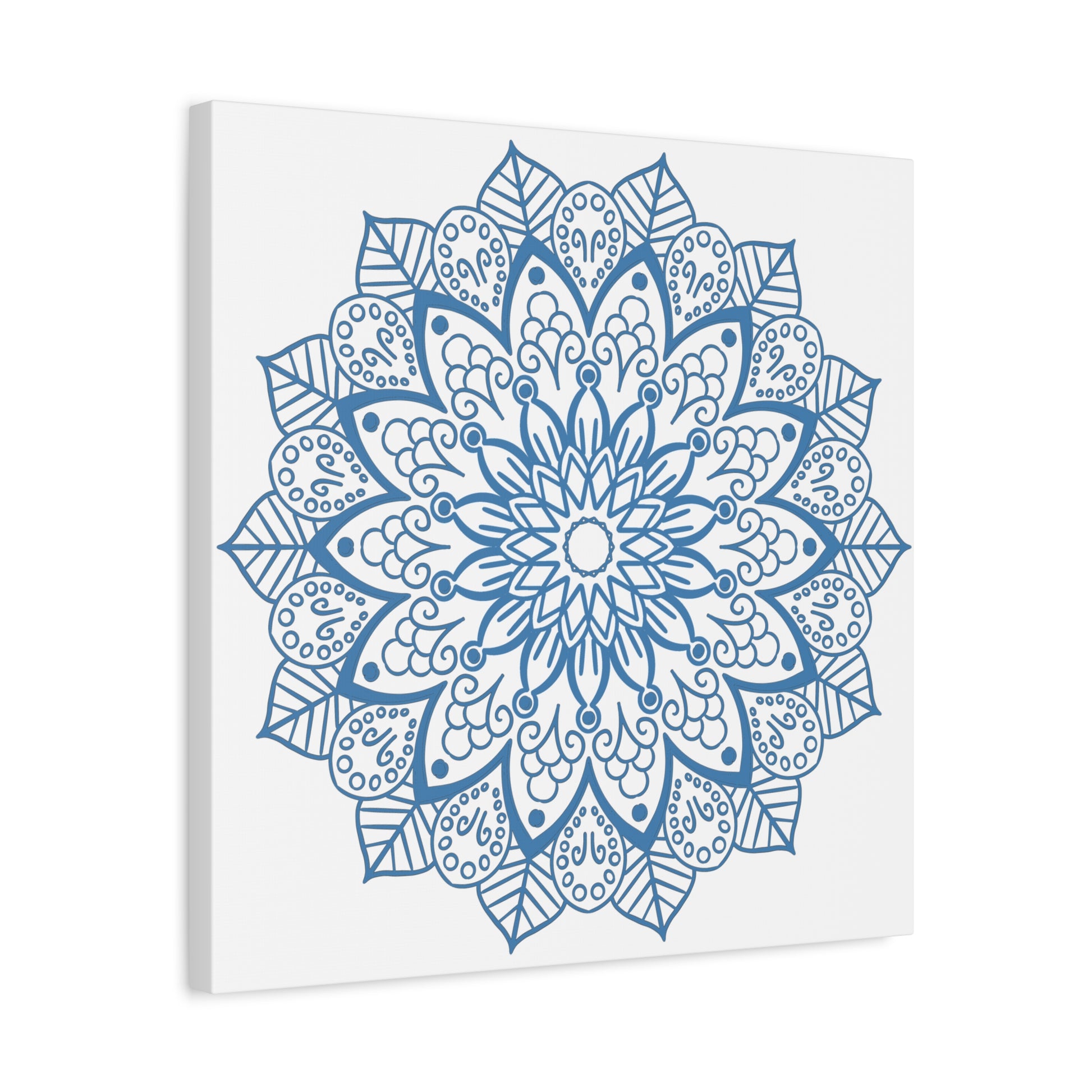 Handmade Mandala Art featuring a Steel Blue design on a Matte Canvas, Stretched and 125 inches thick, perfect for adding a touch of elegance to any wall space