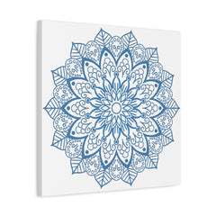 Handmade Mandala Art featuring a Steel Blue design on a Matte Canvas, Stretched and 125 inches thick, perfect for adding a touch of elegance to any wall space