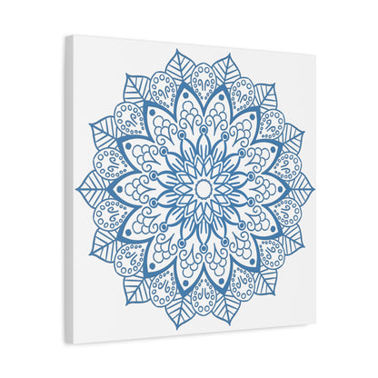 Handmade Mandala Art featuring a Steel Blue design on a Matte Canvas, Stretched and 125 inches thick, perfect for adding a touch of elegance to any wall space