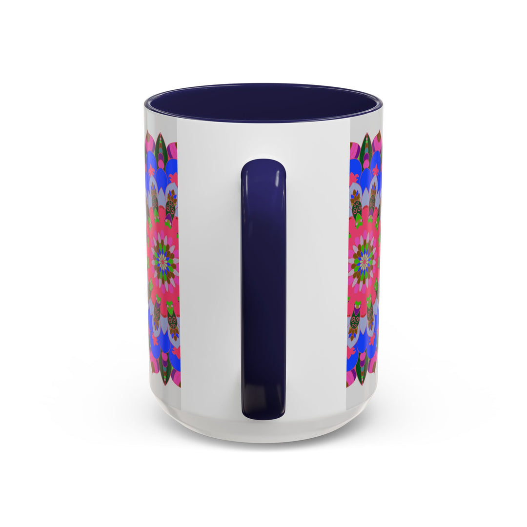 Intricate and colorful mandala design on a white ceramic mug