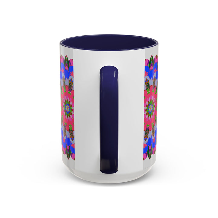 Intricate and colorful mandala design on a white ceramic mug