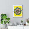 Detailed hand-drawn yellow mandala art poster, framed vertically, perfect for mindfulness and yoga