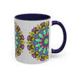 Colorful and serene mandala art mug, perfect for enjoying a calming cup of tea