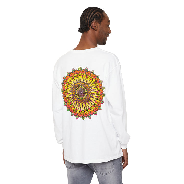 A detailed and vibrant mandala design on a unisex long sleeve t-shirt