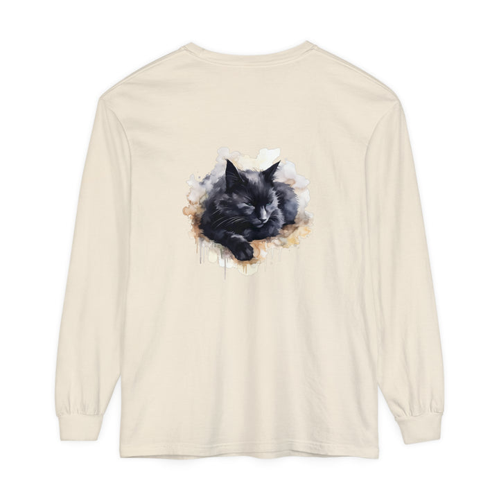 A watercolor illustration of a cute, sleeping black cat on a t-shirt