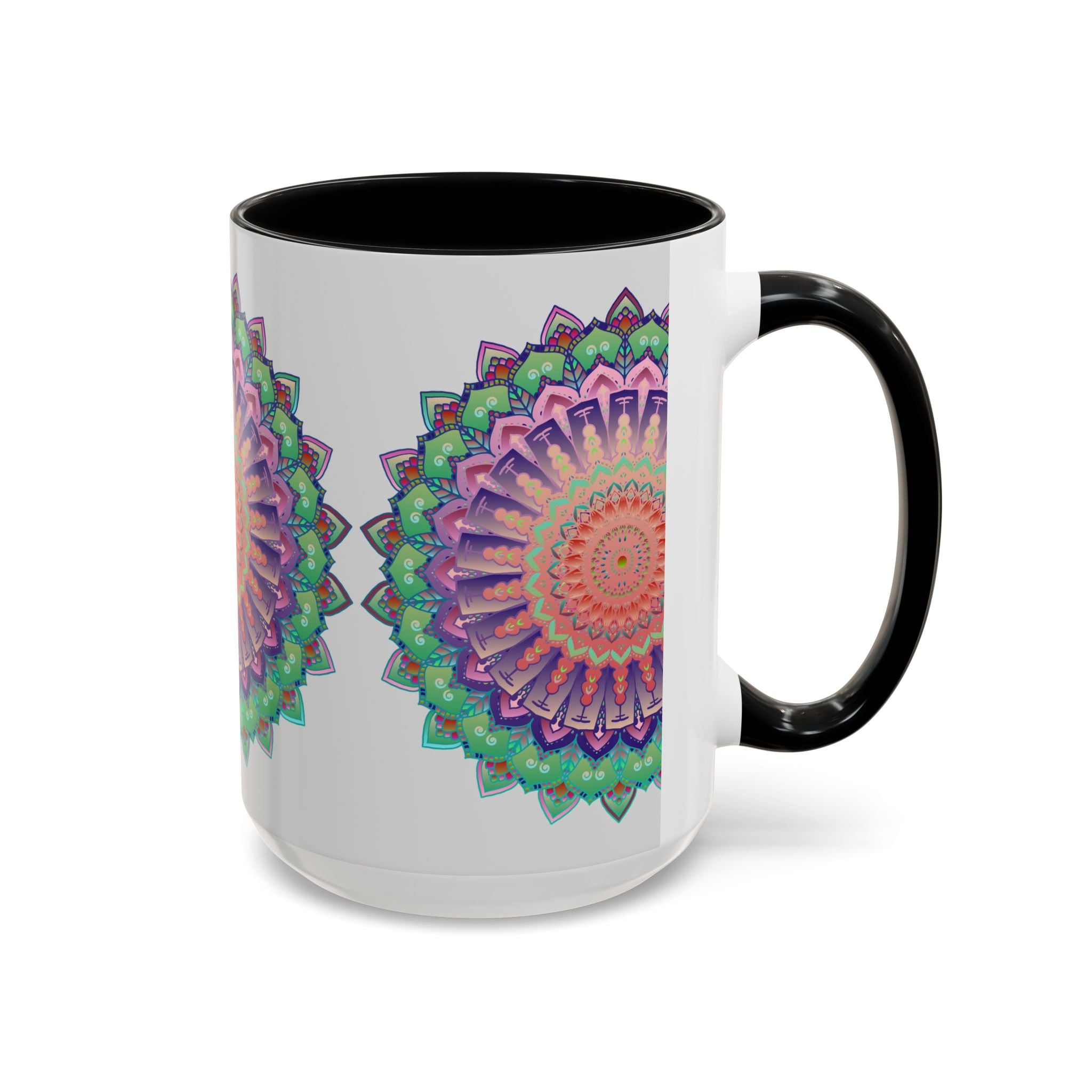 A close-up image of a ceramic mug featuring a colorful mandala art design with vibrant floral patterns, perfect for enjoying a hot beverage in style