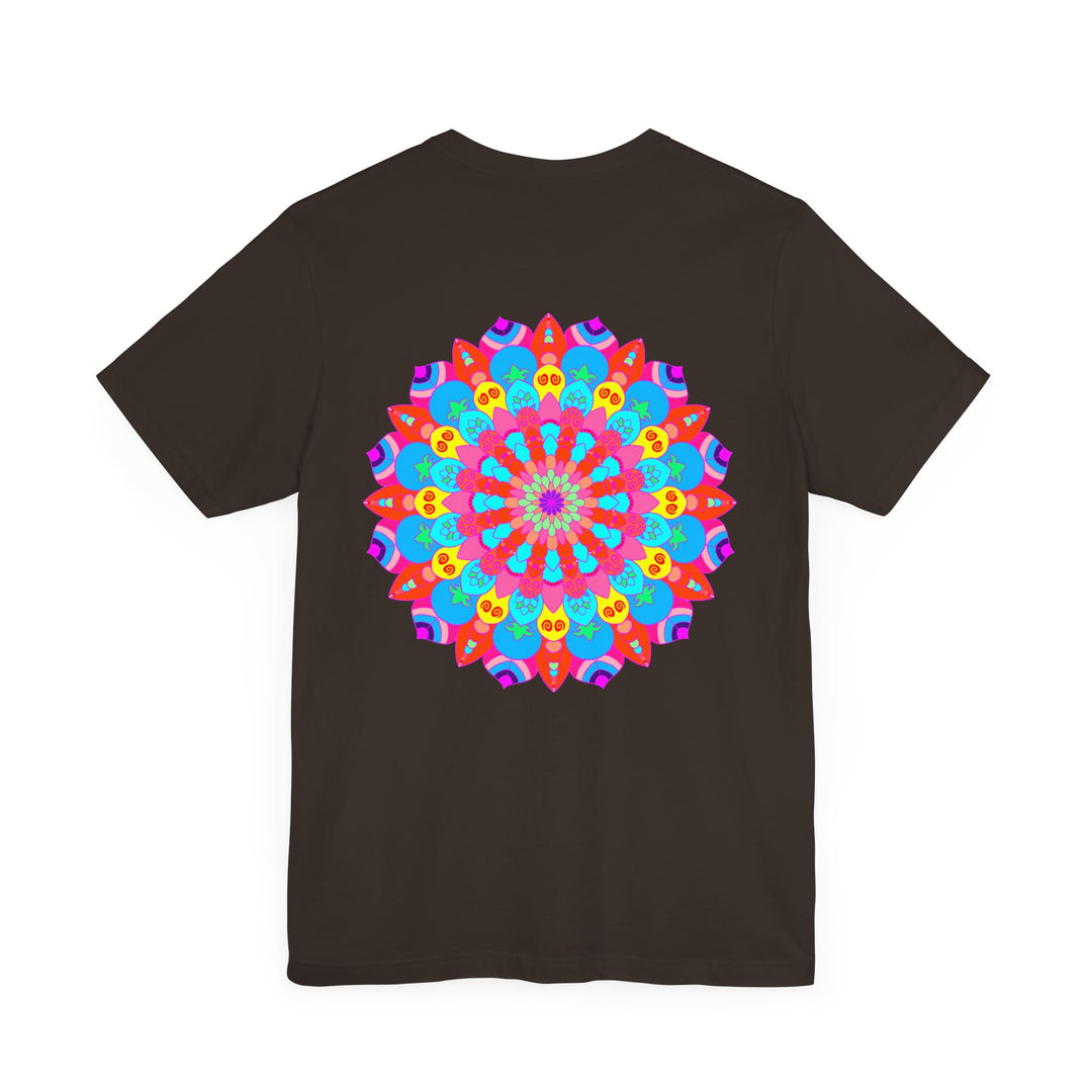 A vibrant mandala tee featuring colorful, intricate design symbolizing spiritual peace and harmony