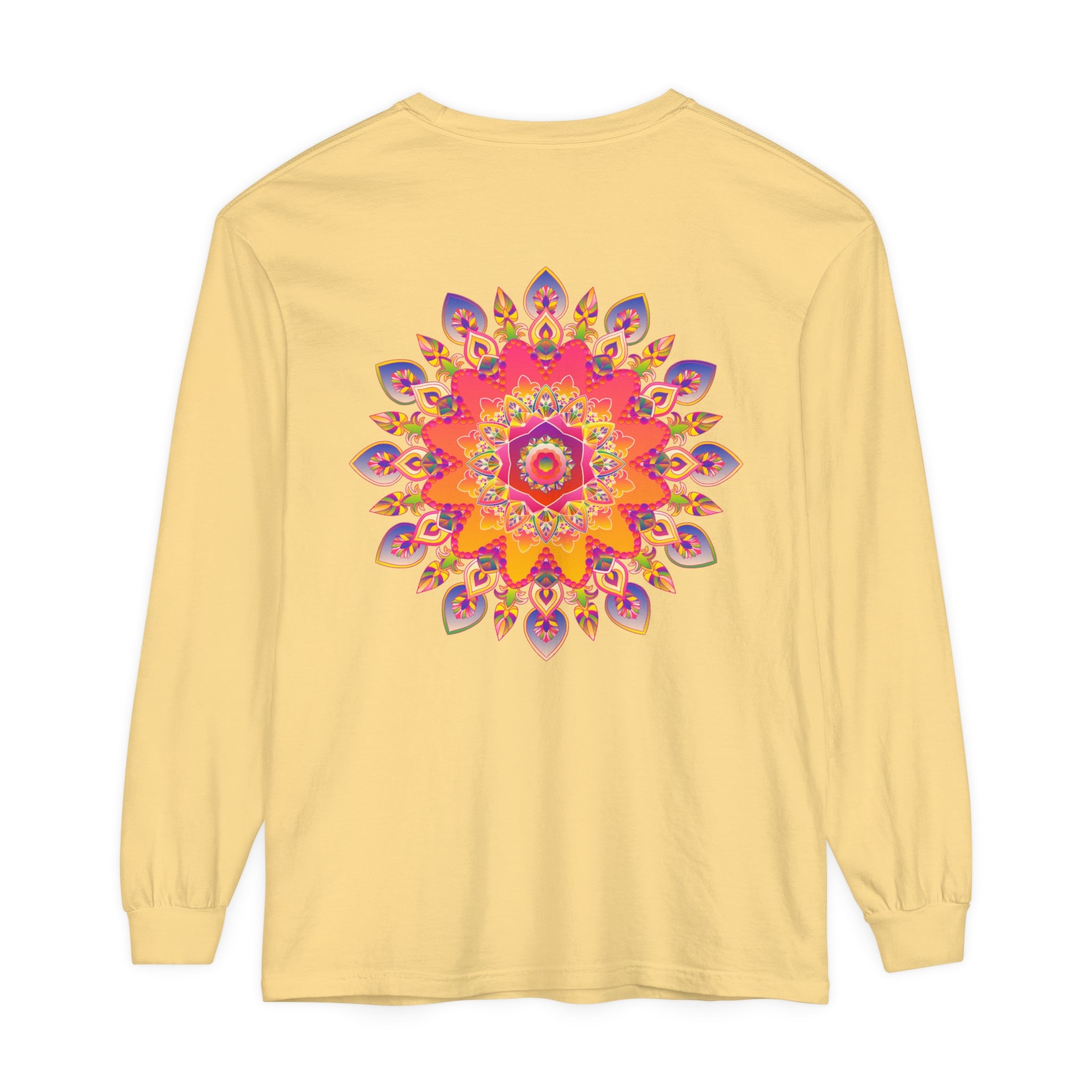 Colorful and intricate mandala design on a unisex long sleeve t-shirt